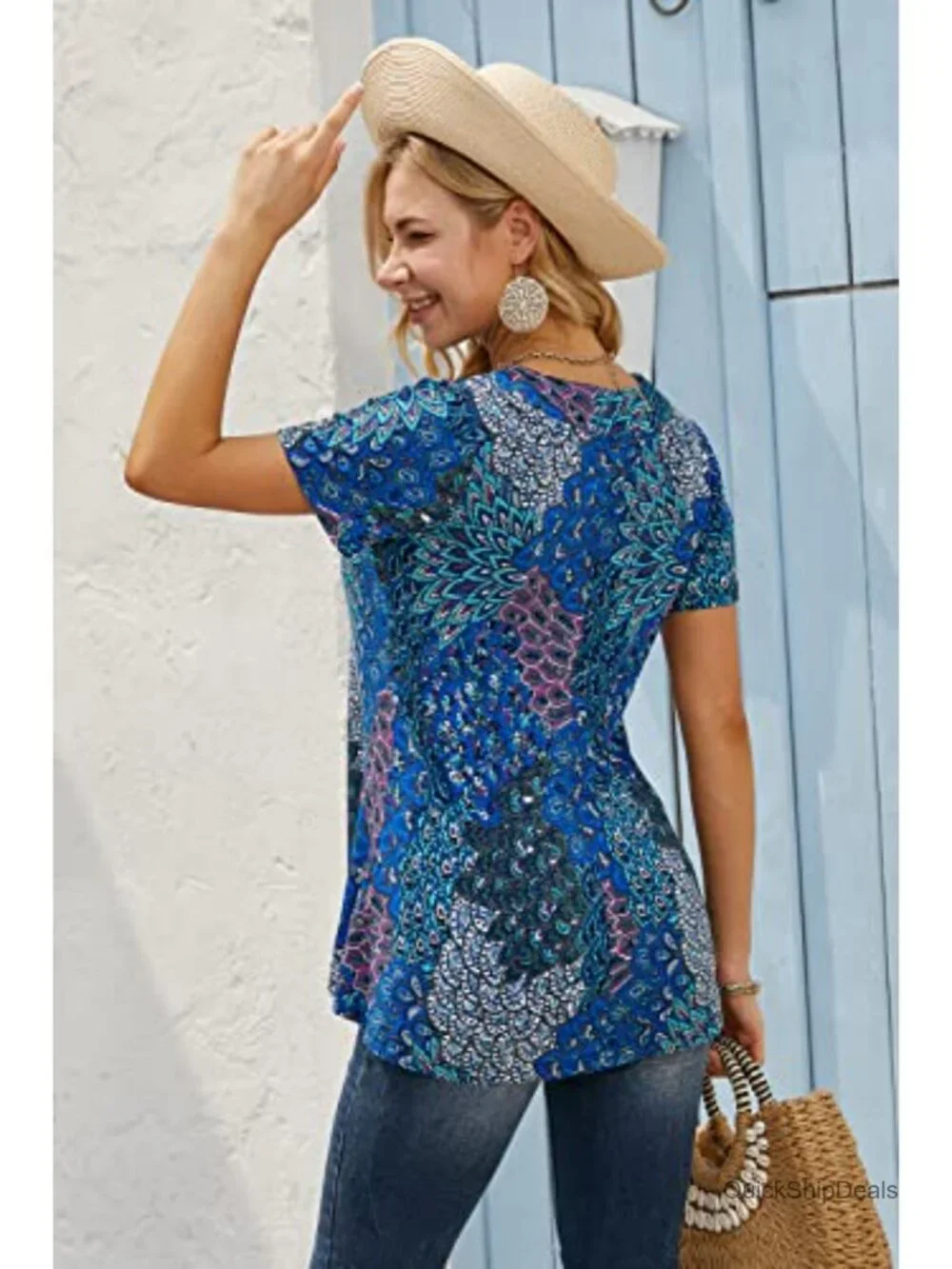 Women's Tunic Short Sleeve V Neck Loose Floral Blouse